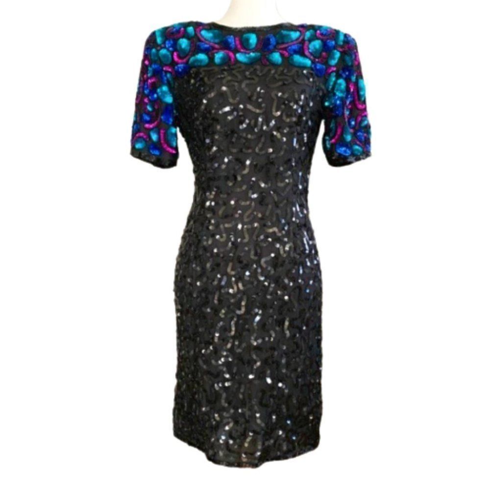 Vintage Laurence Kazar 1980’s 100% Silk Jewel Tone Sequin Cocktail Dress PL